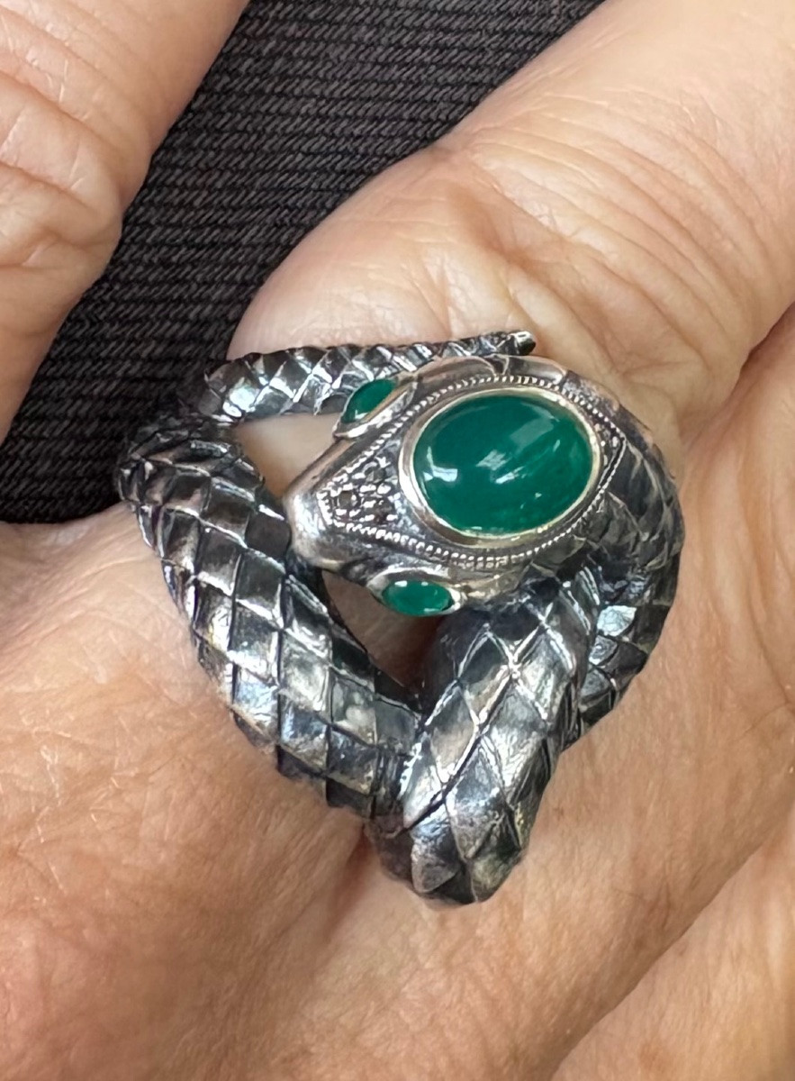 Bague serpent argent agates vertes -photo-7