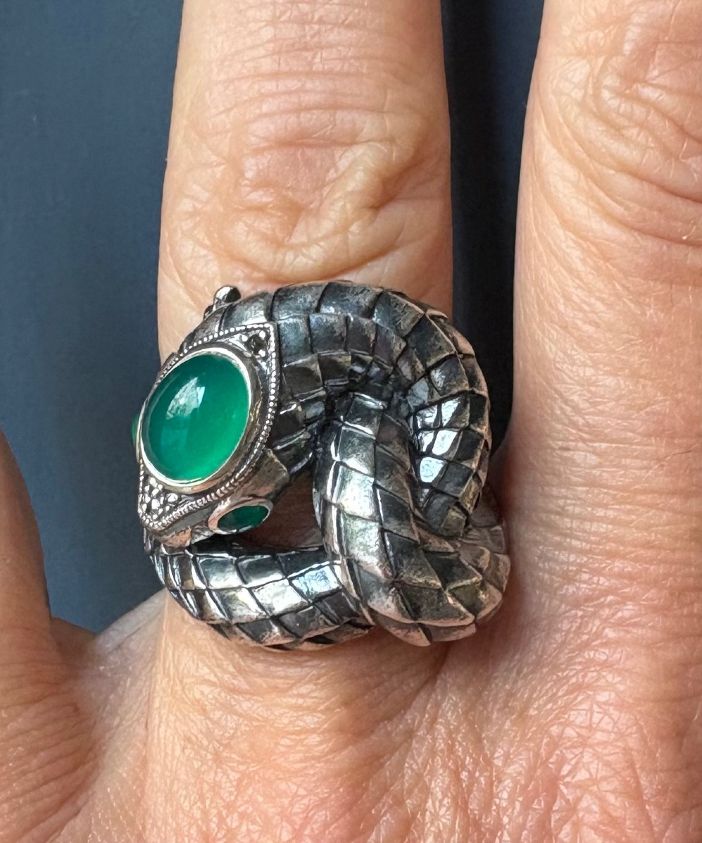 Bague serpent argent agates vertes 