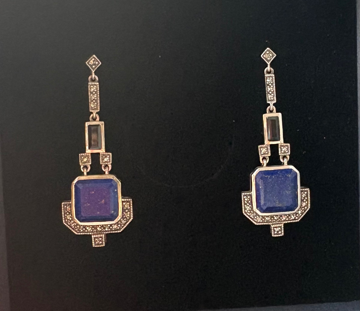 Silver Lapis Lazuli Onyx Earrings-photo-2