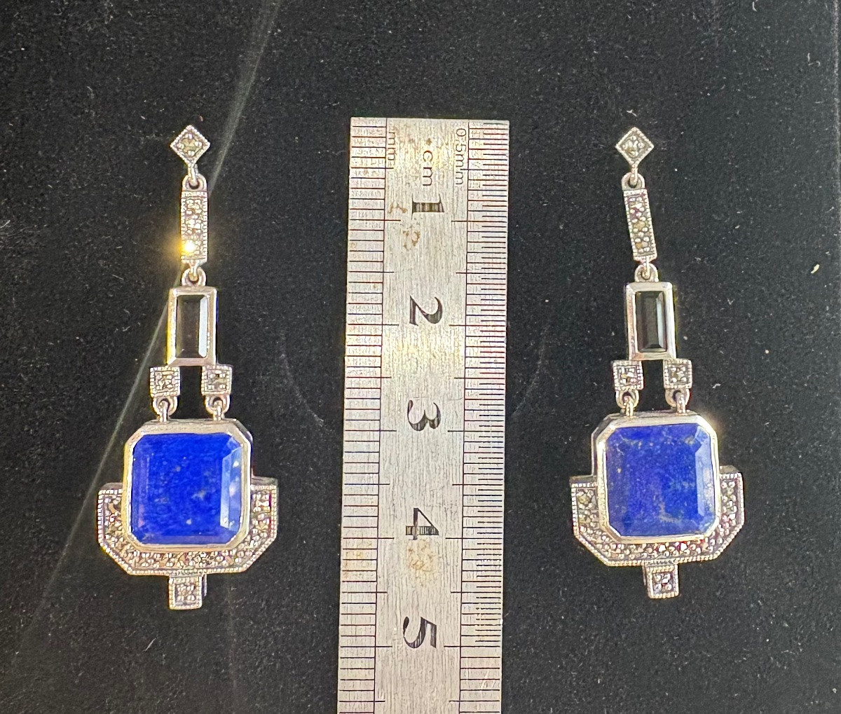 Silver Lapis Lazuli Onyx Earrings-photo-4