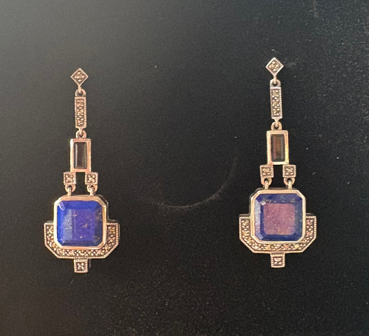 Silver Lapis Lazuli Onyx Earrings-photo-5