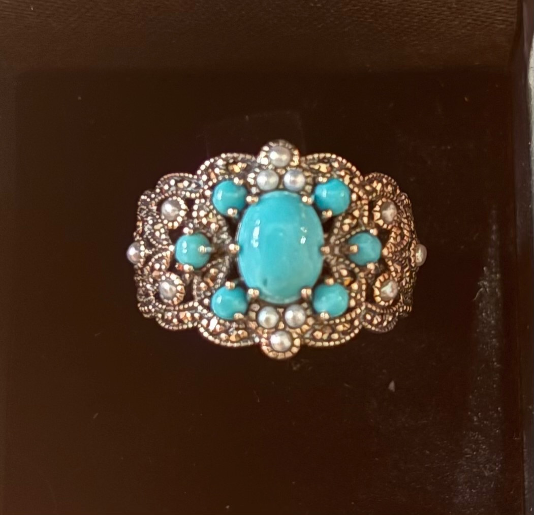 Bague turquoise argent perles culture marcassites-photo-1