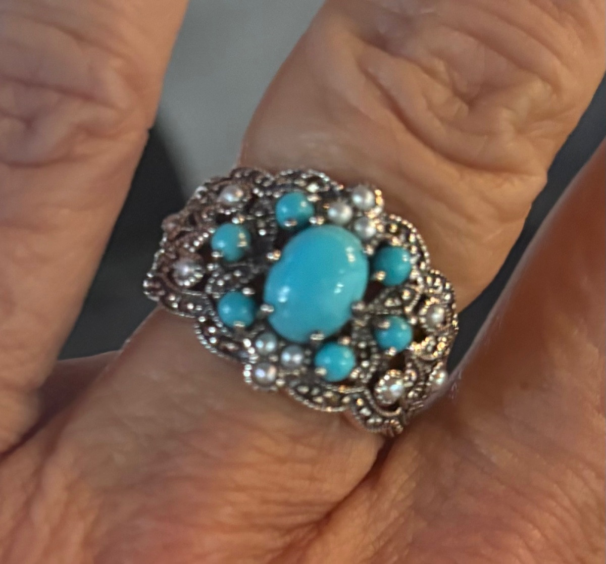 Bague turquoise argent perles culture marcassites-photo-2