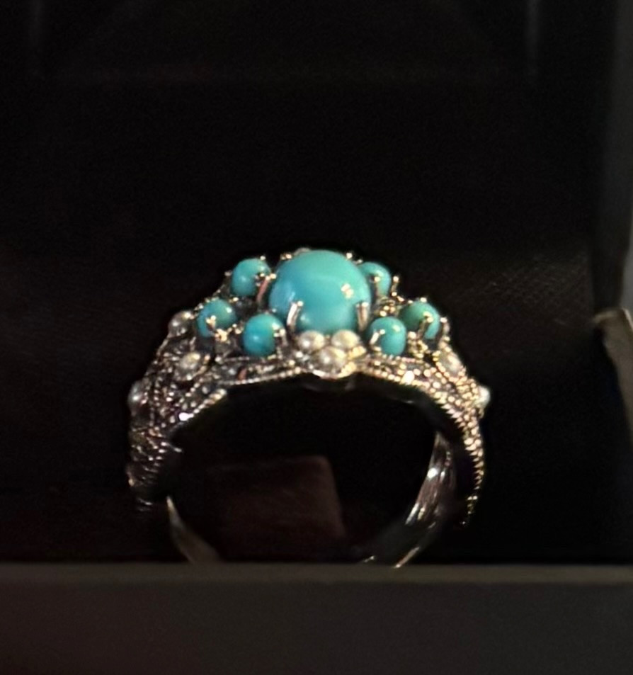 Bague turquoise argent perles culture marcassites-photo-3