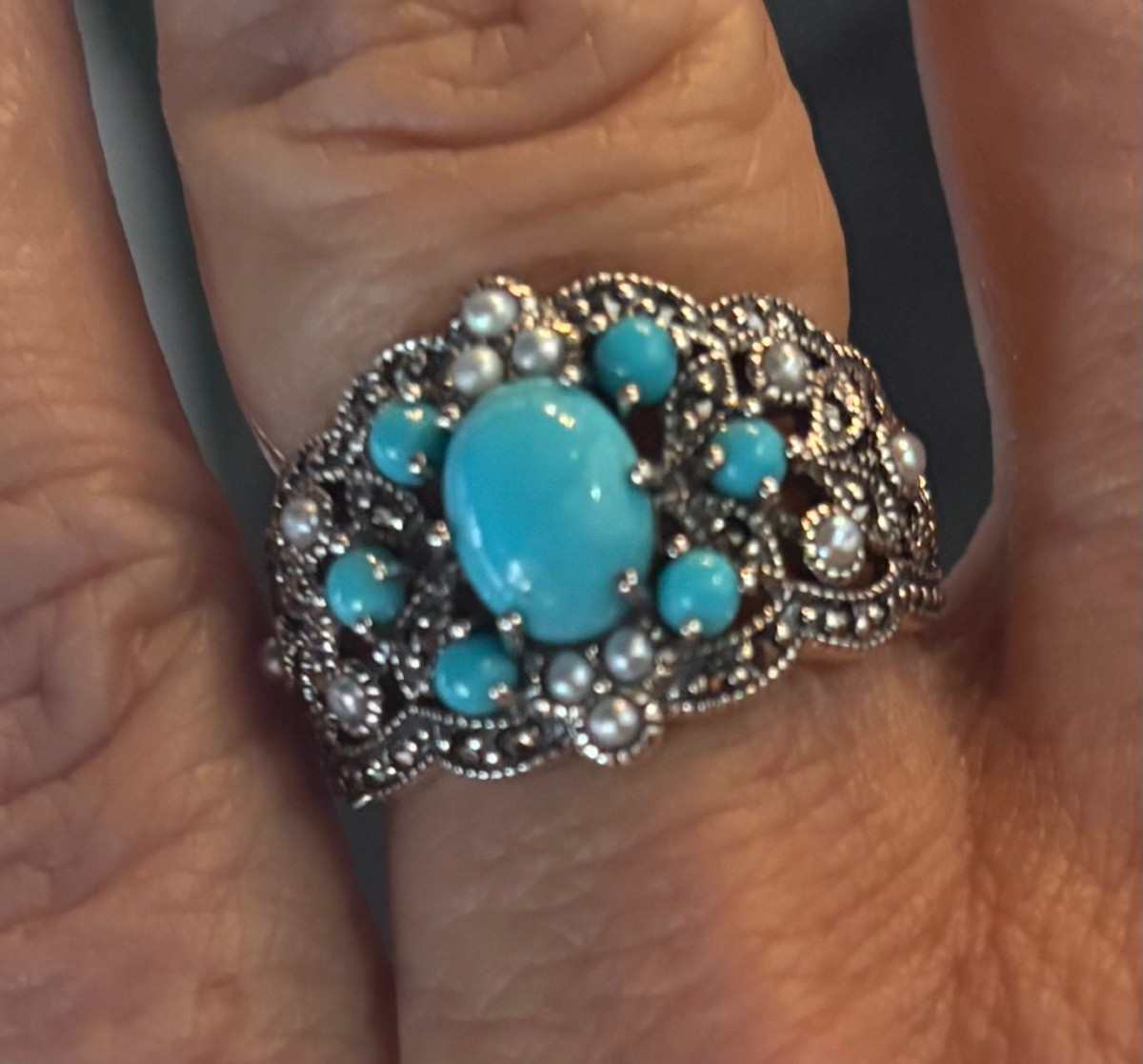 Bague turquoise argent perles culture marcassites-photo-4