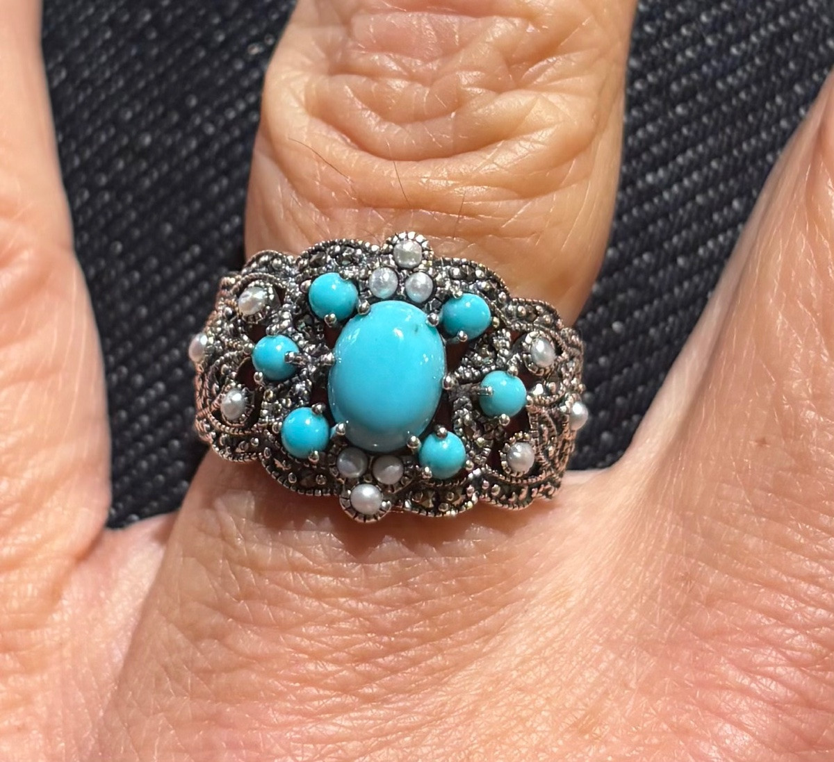 Bague turquoise argent perles culture marcassites-photo-5