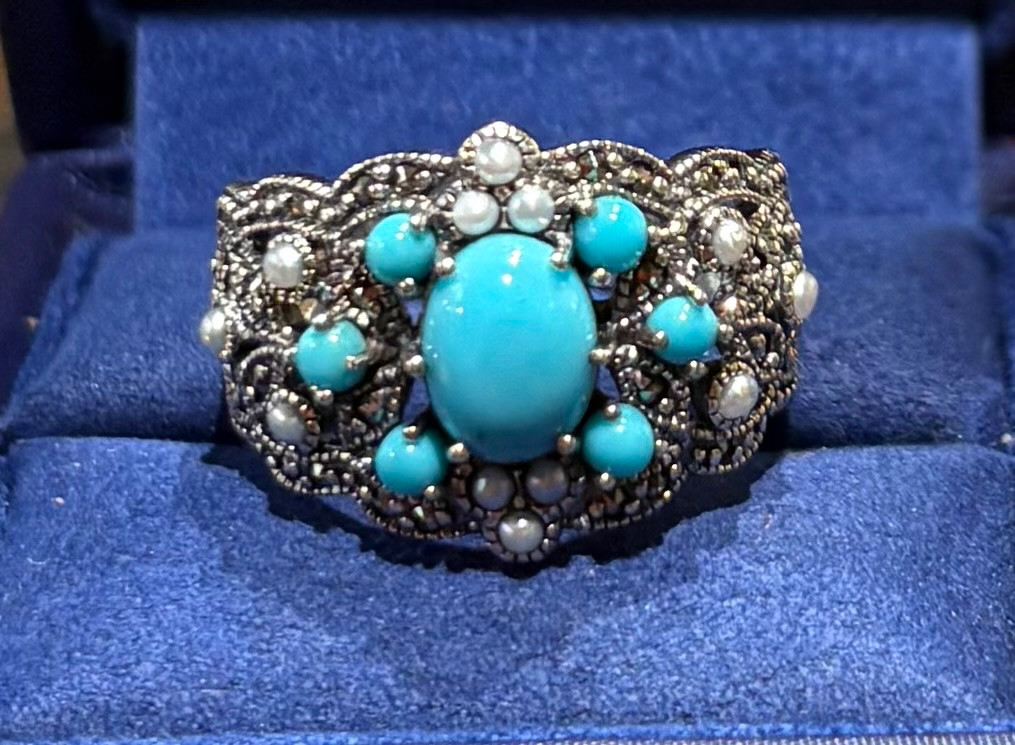 Bague turquoise argent perles culture marcassites-photo-6