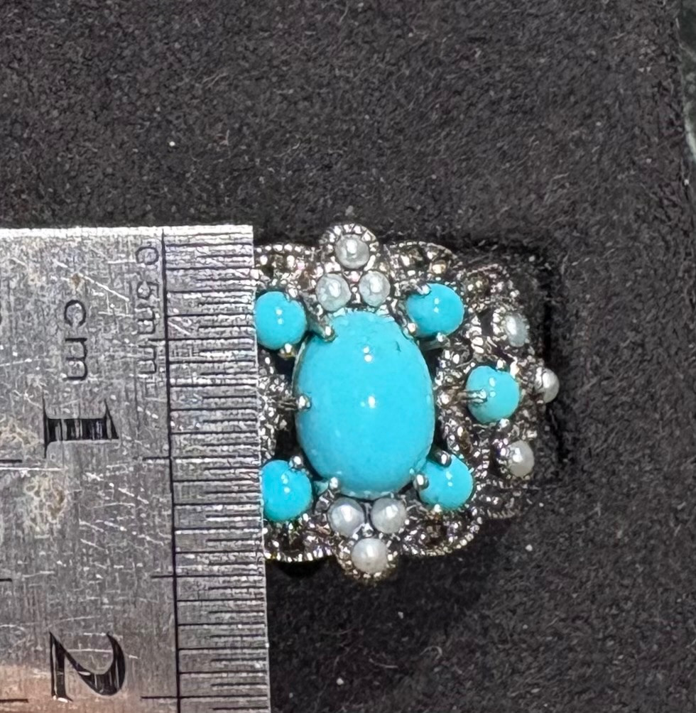 Bague turquoise argent perles culture marcassites-photo-7