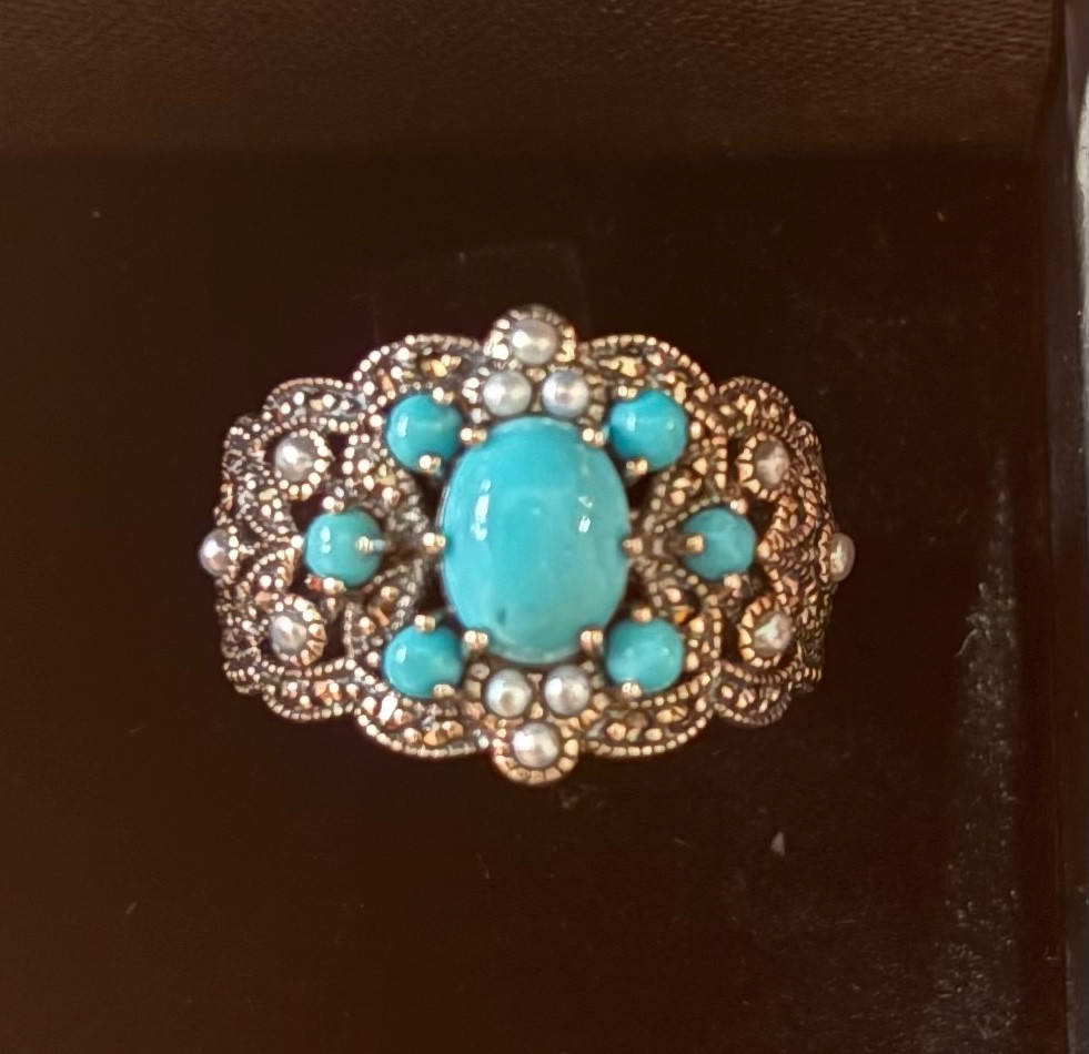 Bague turquoise argent perles culture marcassites