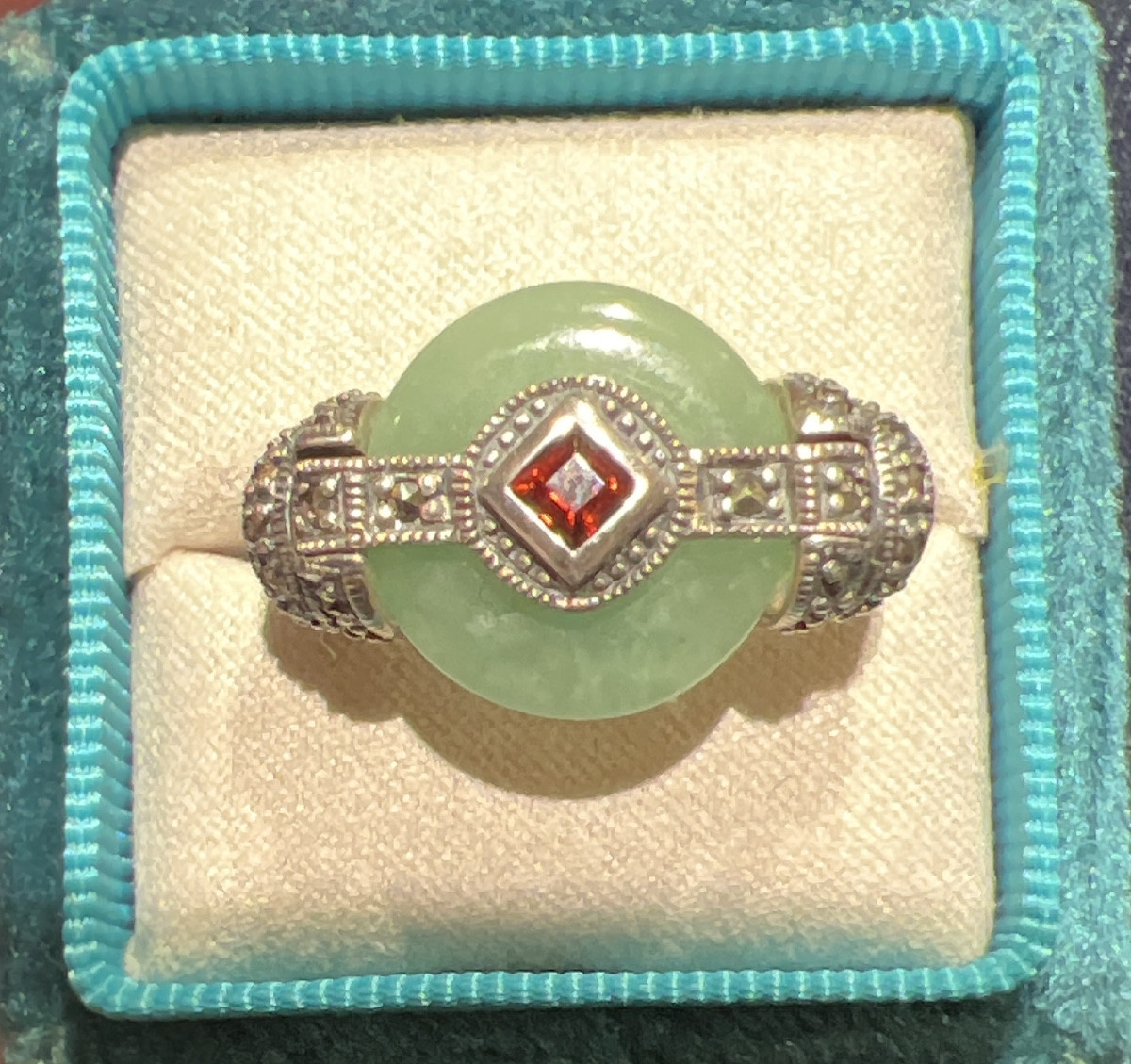 Silver Ring With Jade, Garnet, And Marcasite-photo-2