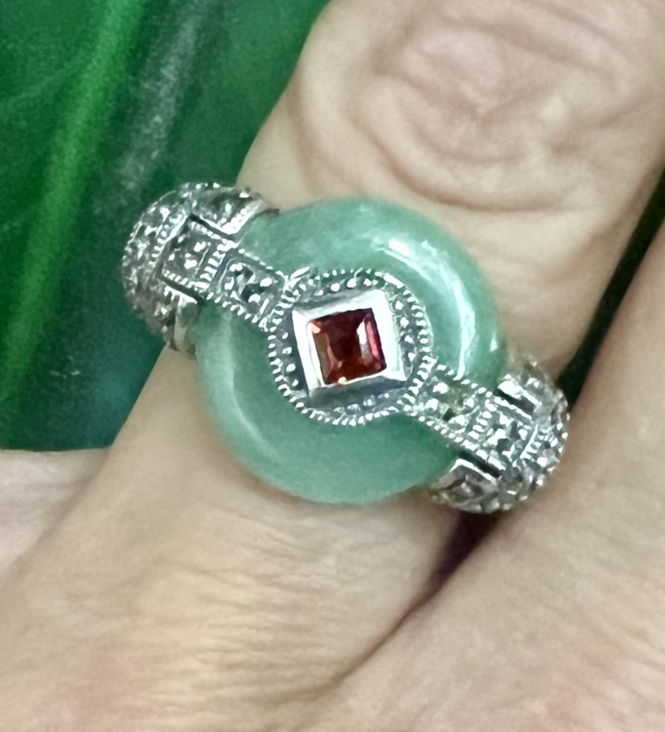 Silver Ring With Jade, Garnet, And Marcasite