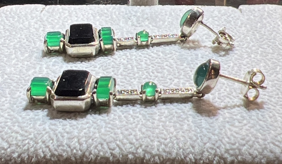 Silver Earrings, Green Agate, Marcasite-photo-1