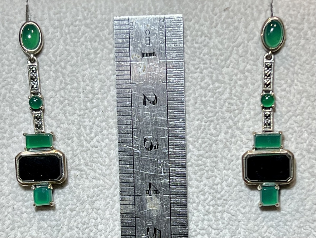 Silver Earrings, Green Agate, Marcasite-photo-2