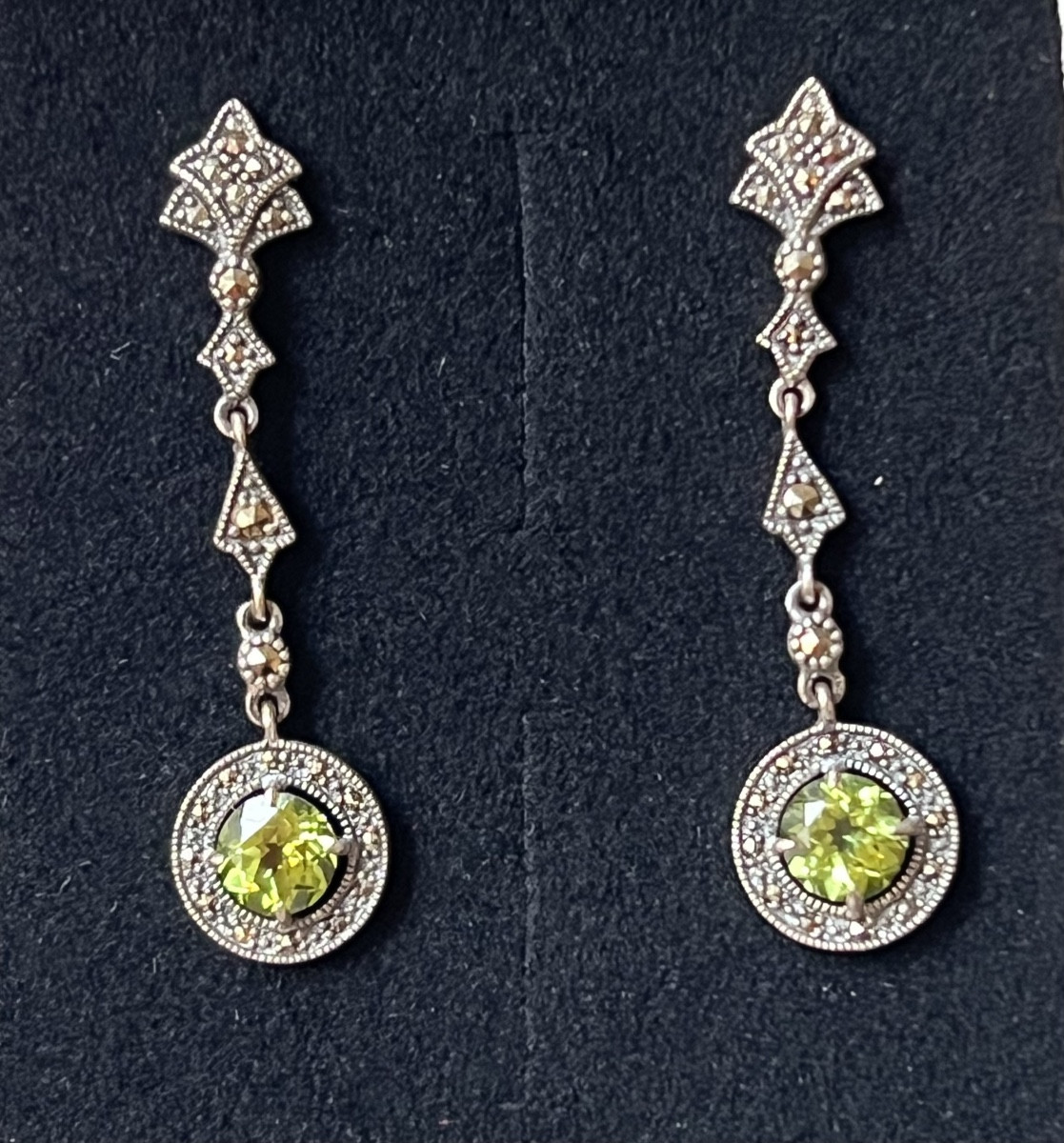 Silver Earrings With Peridot And Marcasite