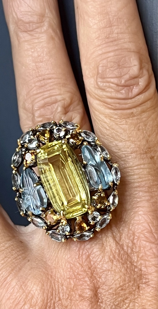 Silver Ring , Quartz Lemon, Citrines And Blue Topaz -photo-2