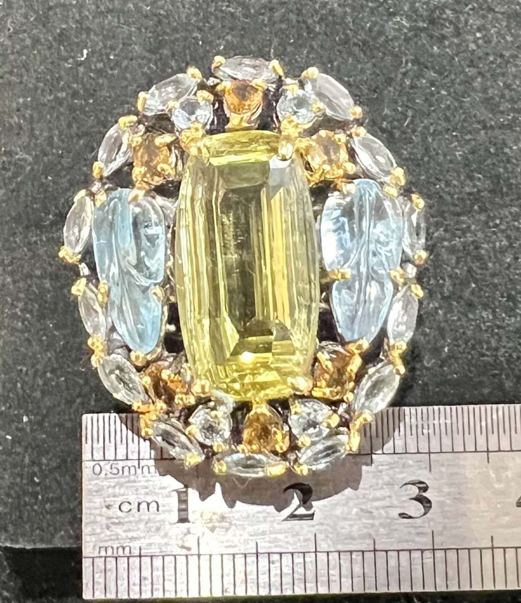 Silver Ring , Quartz Lemon, Citrines And Blue Topaz -photo-4