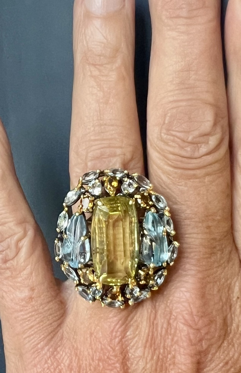 Silver Ring , Quartz Lemon, Citrines And Blue Topaz -photo-1