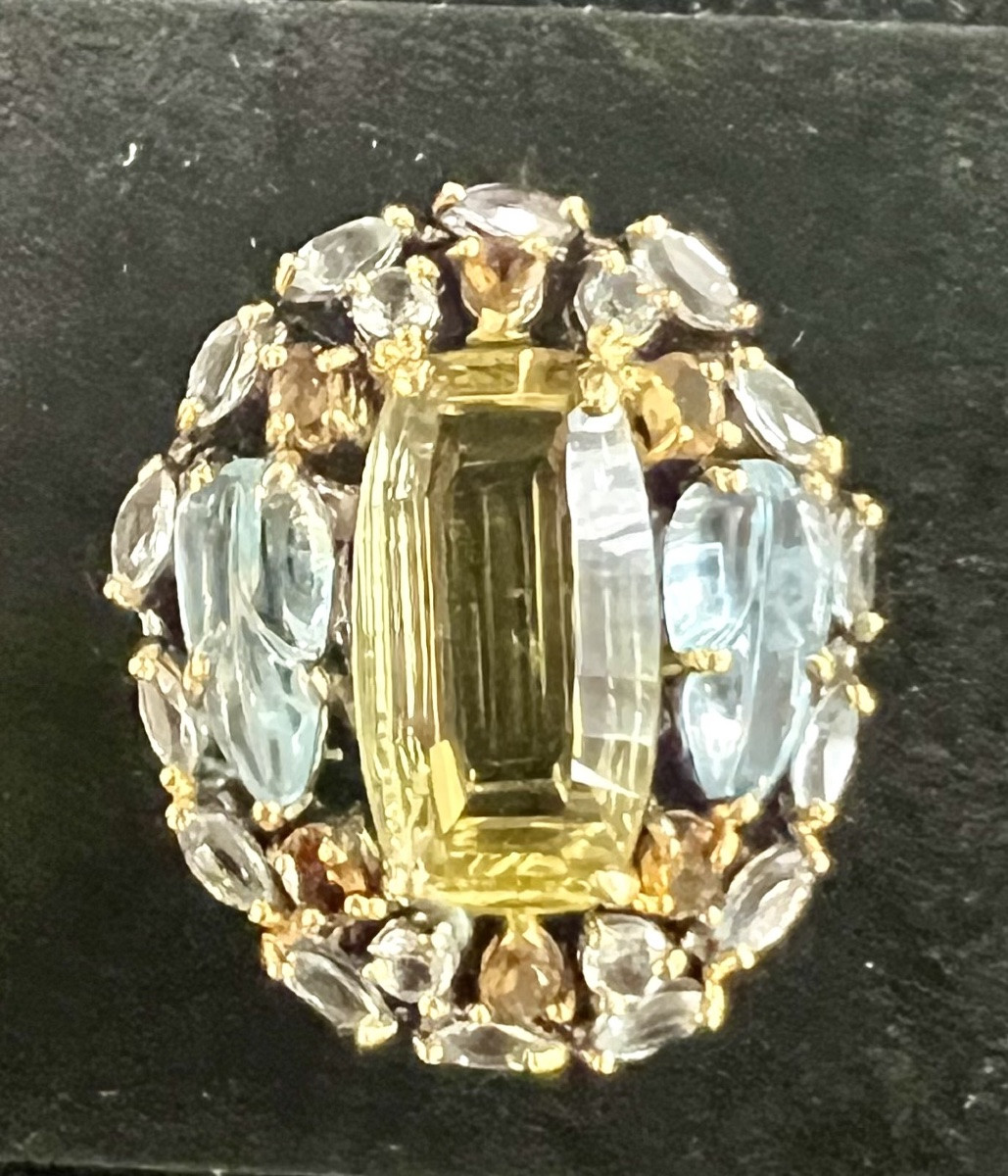 Silver Ring , Quartz Lemon, Citrines And Blue Topaz -photo-2
