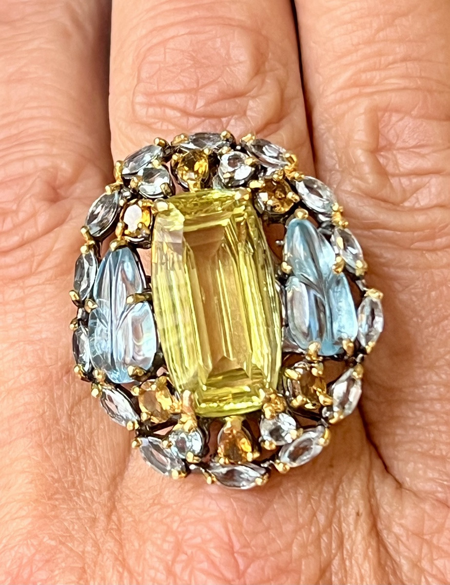 Silver Ring , Quartz Lemon, Citrines And Blue Topaz -photo-4