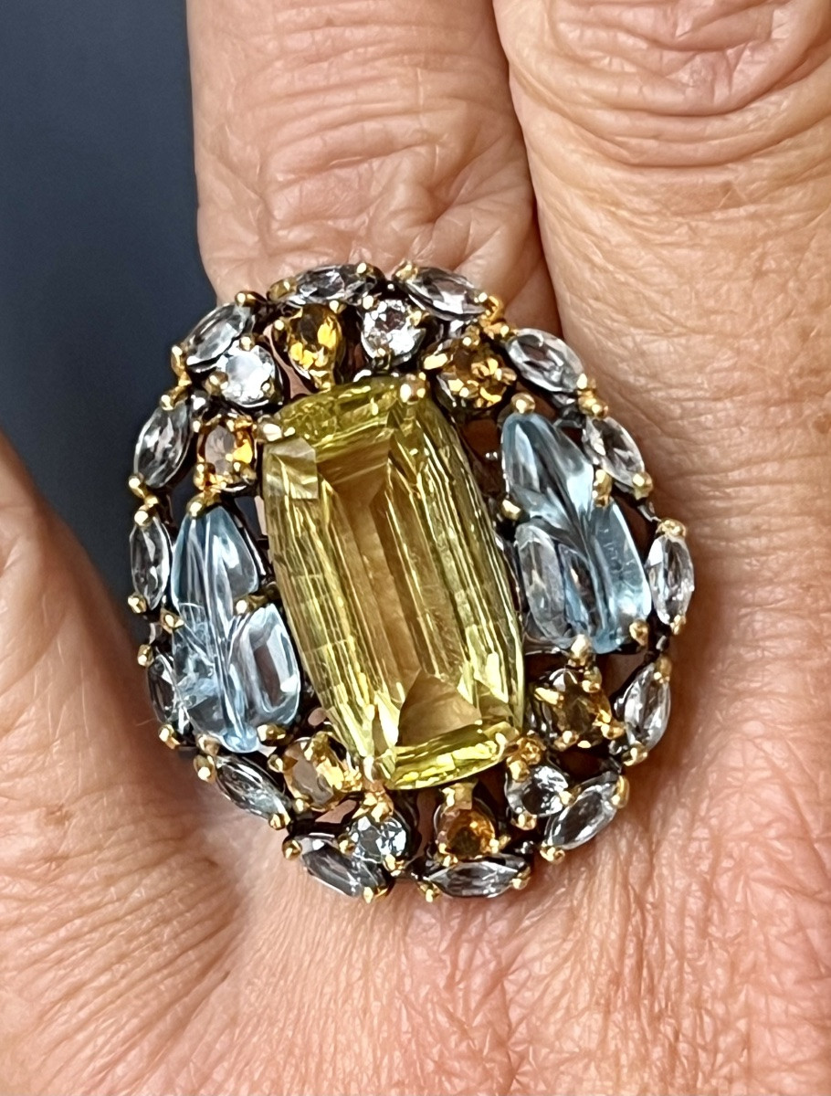 Silver Ring , Quartz Lemon, Citrines And Blue Topaz 