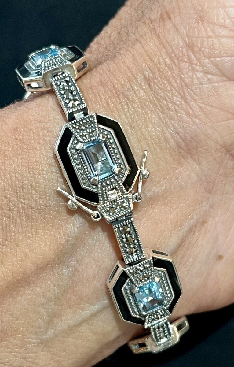 Silver "art Deco" Bracelet With Blue Enamel Topaz And Marcasite -photo-4