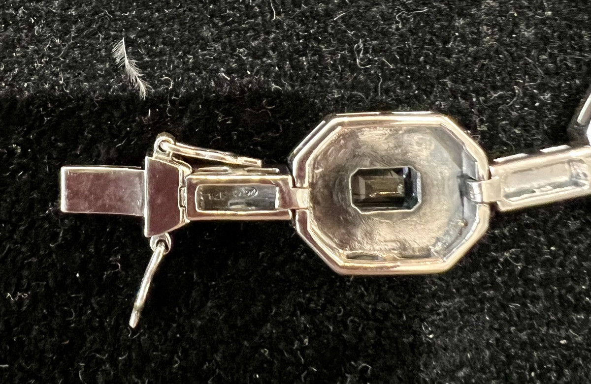 Silver "art Deco" Bracelet With Blue Enamel Topaz And Marcasite -photo-1