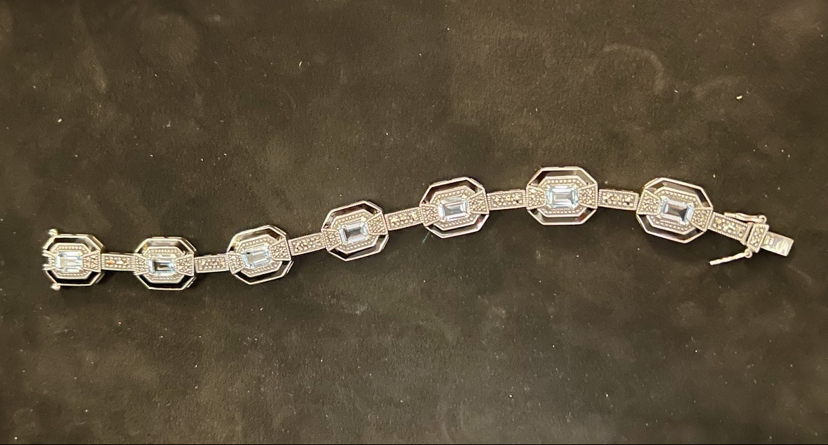 Silver "art Deco" Bracelet With Blue Enamel Topaz And Marcasite -photo-4