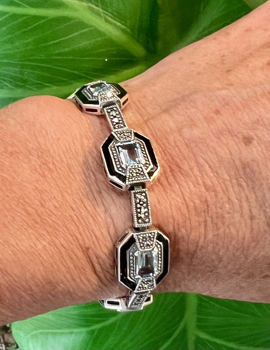 Silver "art Deco" Bracelet With Blue Enamel Topaz And Marcasite -photo-8