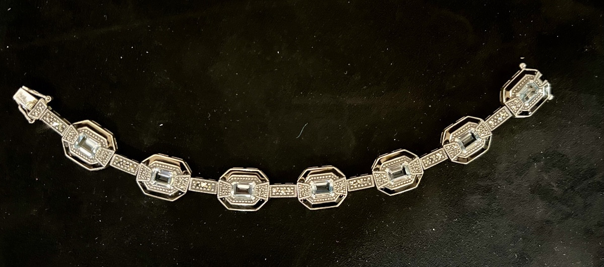 Silver "art Deco" Bracelet With Blue Enamel Topaz And Marcasite -photo-6