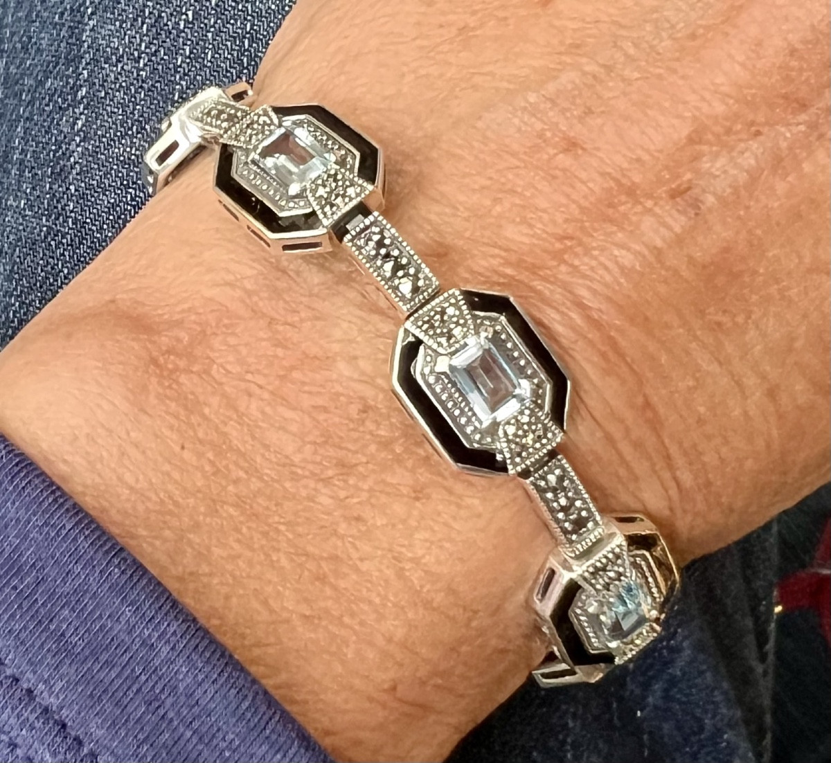 Bracelet argent «  art deco «  topazes bleues émail et marcassites 