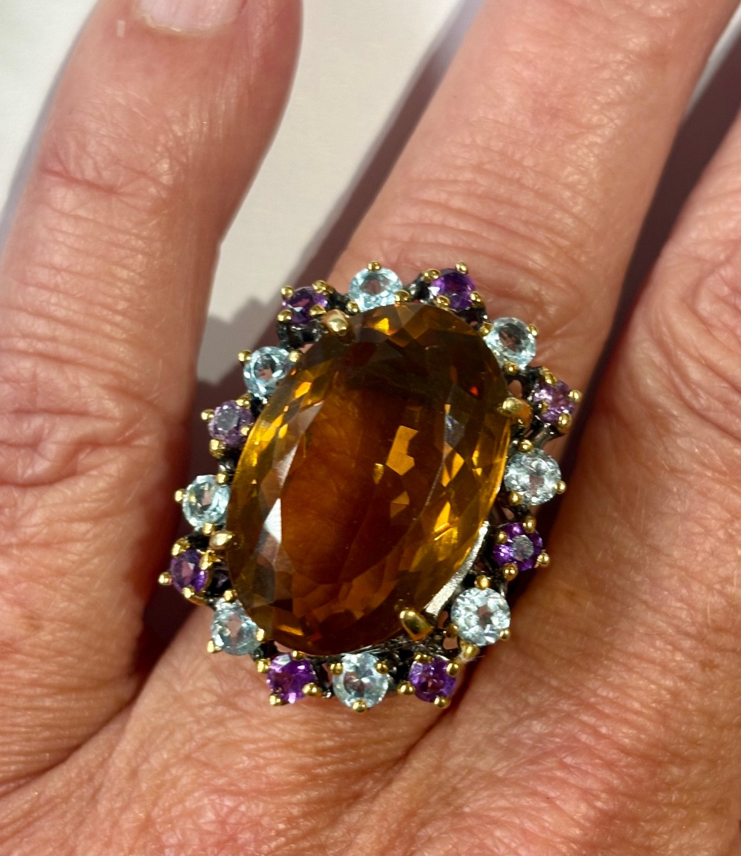 Black Silver Ring Citrine Améthyste And Blue Topazes -photo-3