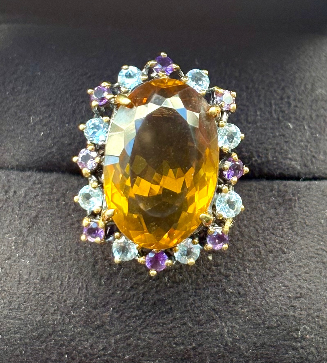Black Silver Ring Citrine Améthyste And Blue Topazes 