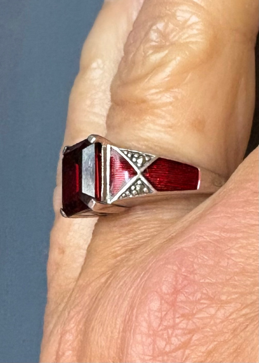 Bague argent grenat email marcassites-photo-3