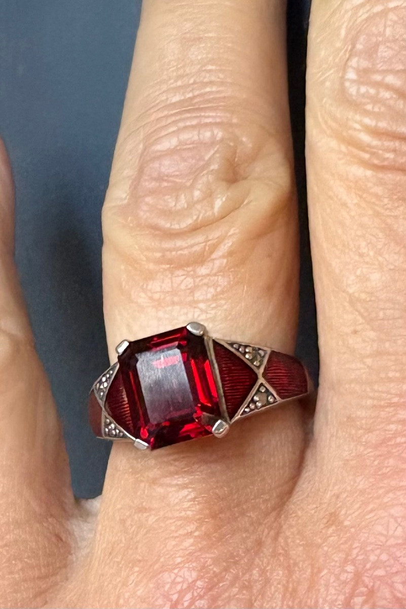 Bague argent grenat email marcassites-photo-4