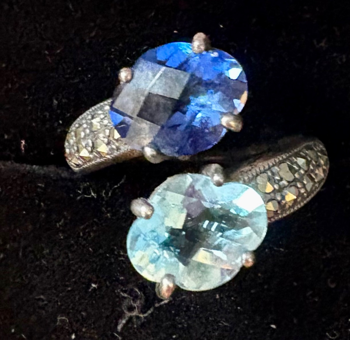 Bague argent toi et moi topaze bleue ,saphir de synthèse et marcassites -photo-2