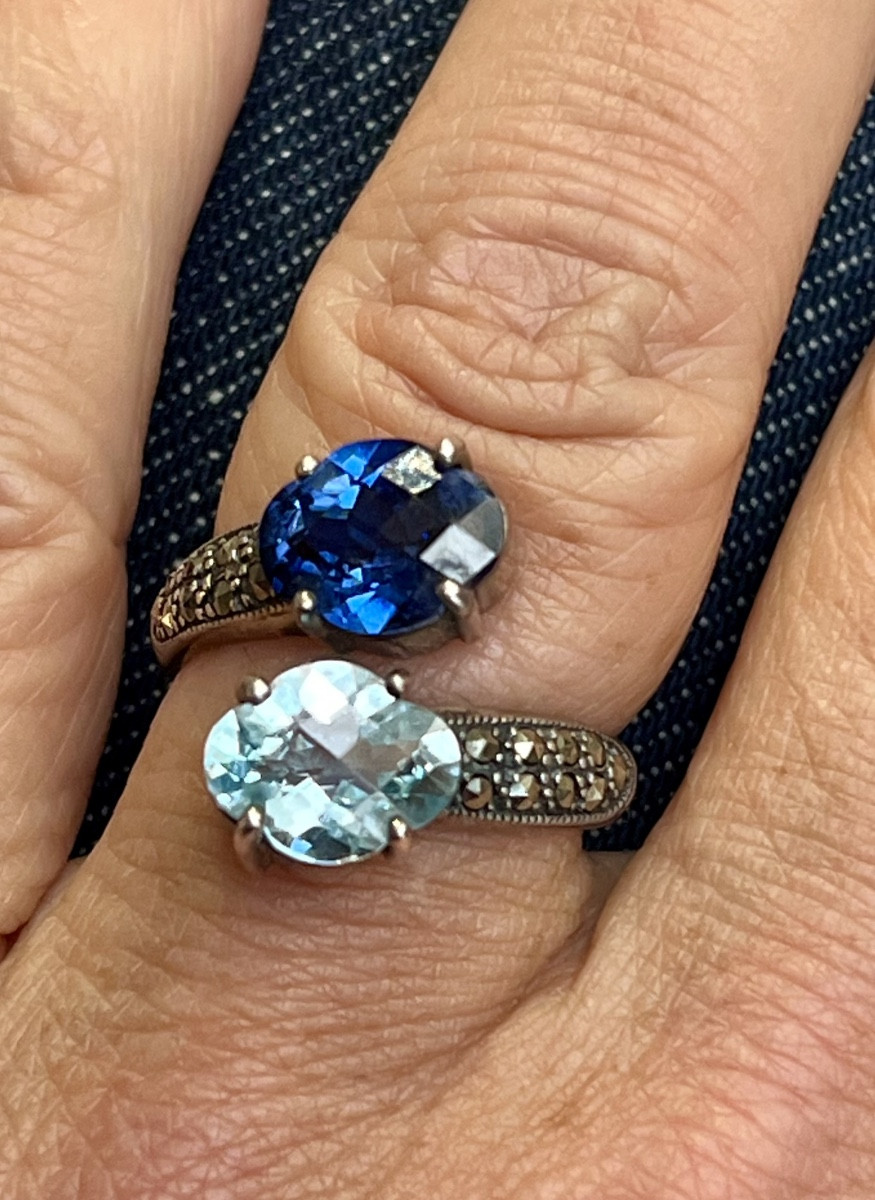 Bague argent toi et moi topaze bleue ,saphir de synthèse et marcassites -photo-3