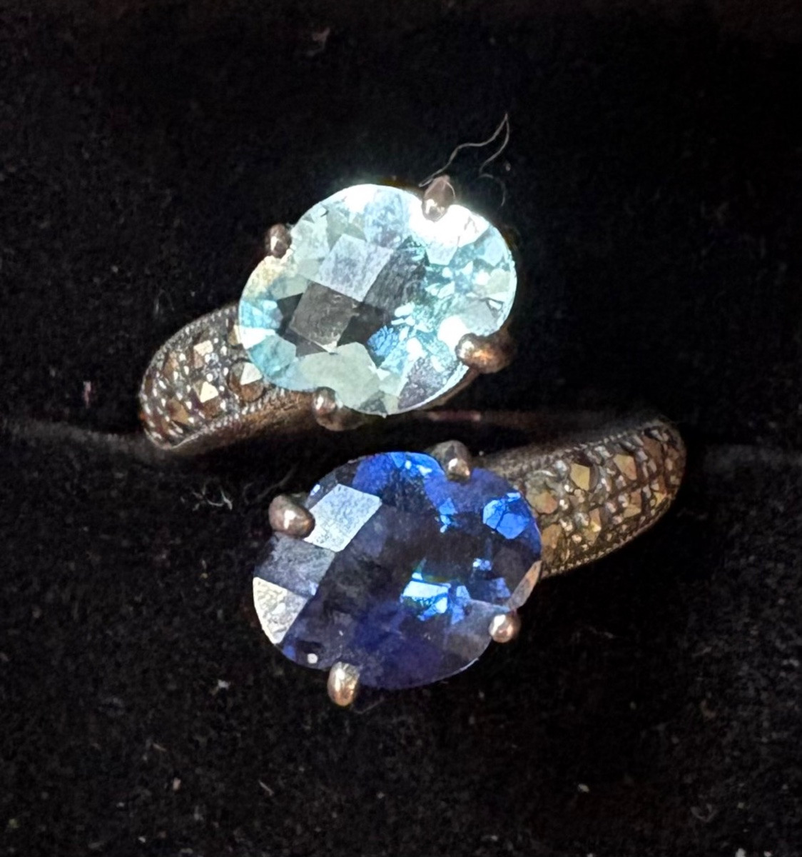 Bague argent toi et moi topaze bleue ,saphir de synthèse et marcassites -photo-1