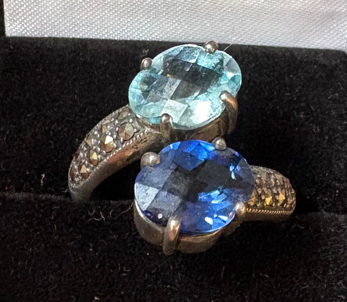 Bague argent toi et moi topaze bleue ,saphir de synthèse et marcassites -photo-2