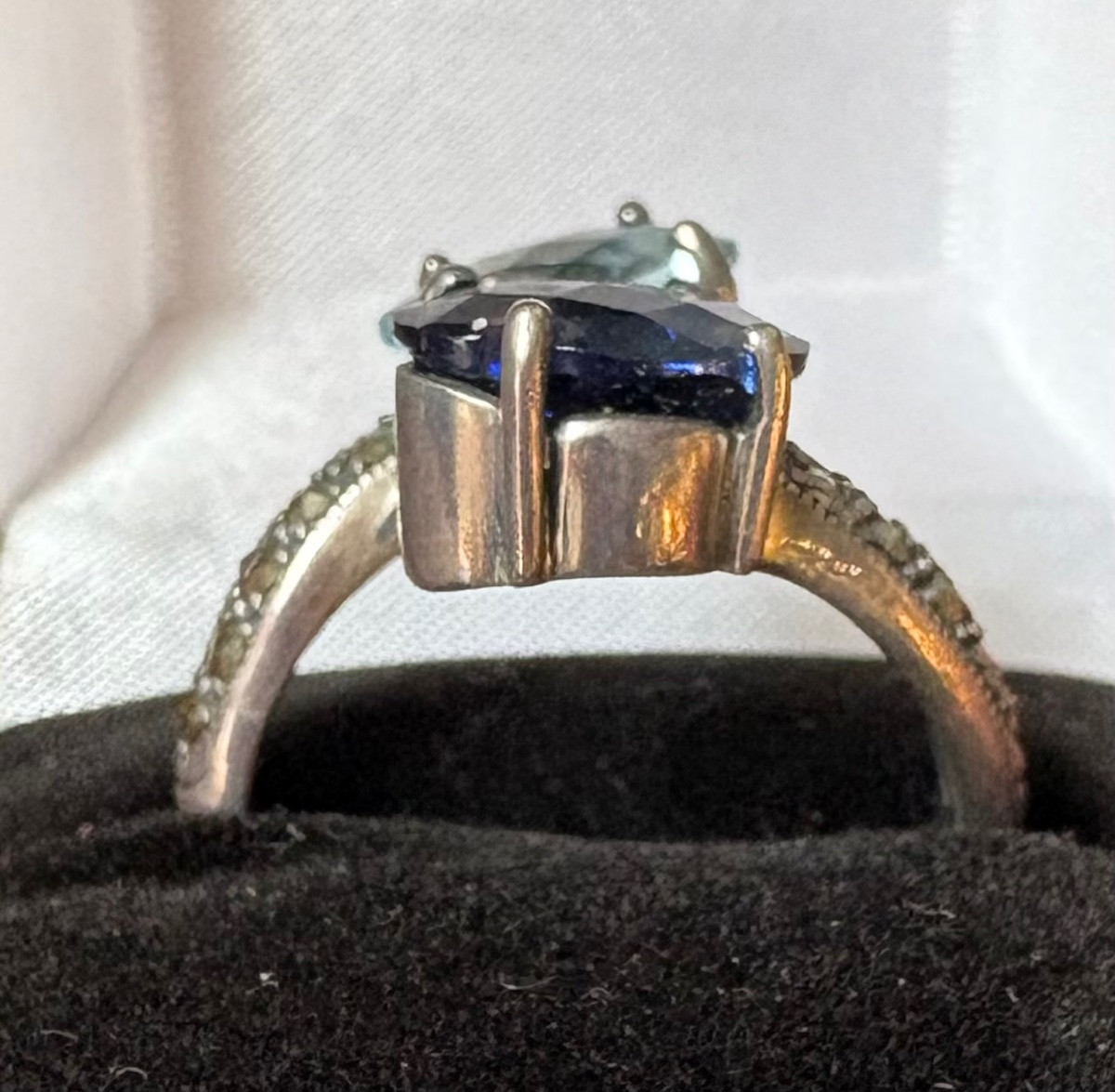 Bague argent toi et moi topaze bleue ,saphir de synthèse et marcassites -photo-3