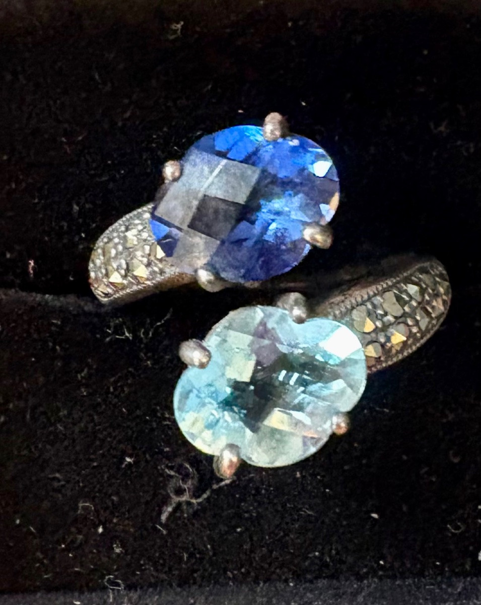 Bague argent toi et moi topaze bleue ,saphir de synthèse et marcassites -photo-4
