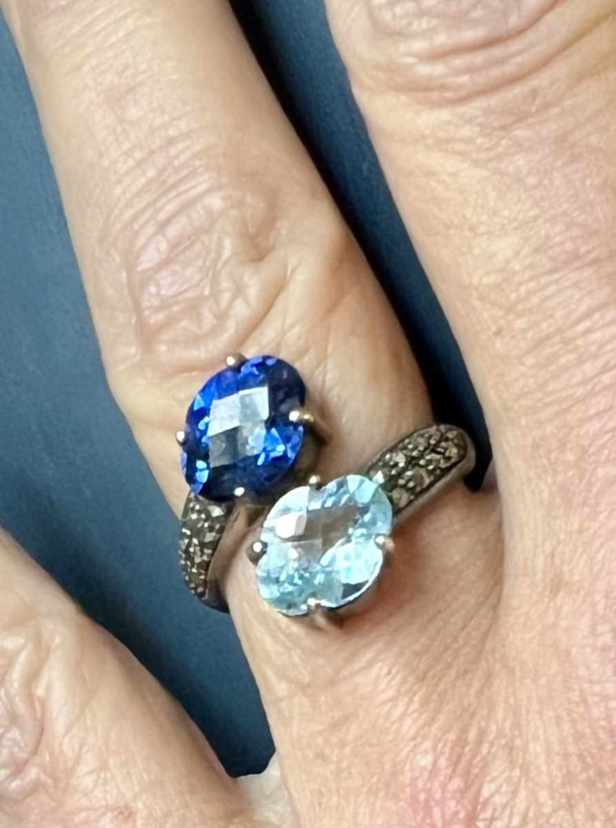 Bague argent toi et moi topaze bleue ,saphir de synthèse et marcassites -photo-5