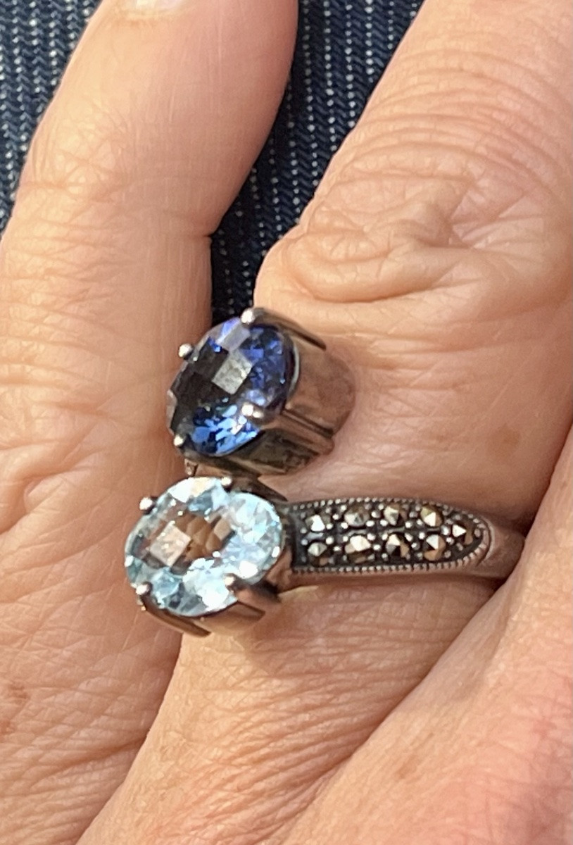 Bague argent toi et moi topaze bleue ,saphir de synthèse et marcassites -photo-6
