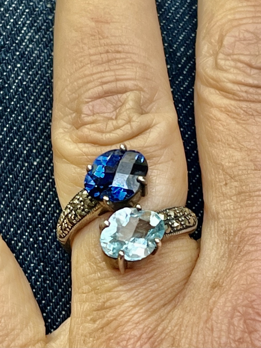 Bague argent toi et moi topaze bleue ,saphir de synthèse et marcassites -photo-8