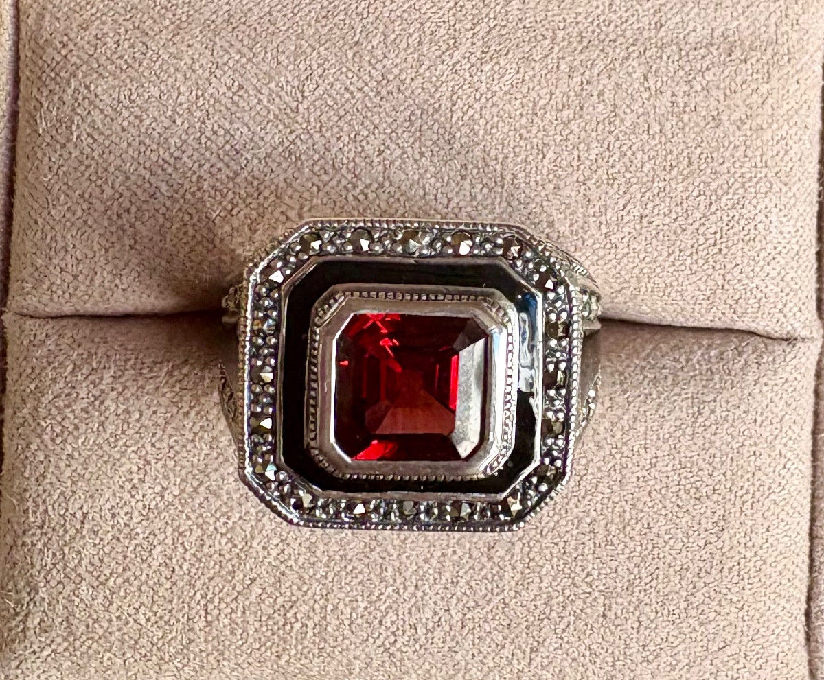 Bague argent grenat email et marcassites-photo-2