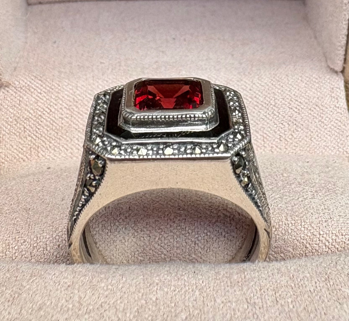 Bague argent grenat email et marcassites-photo-4