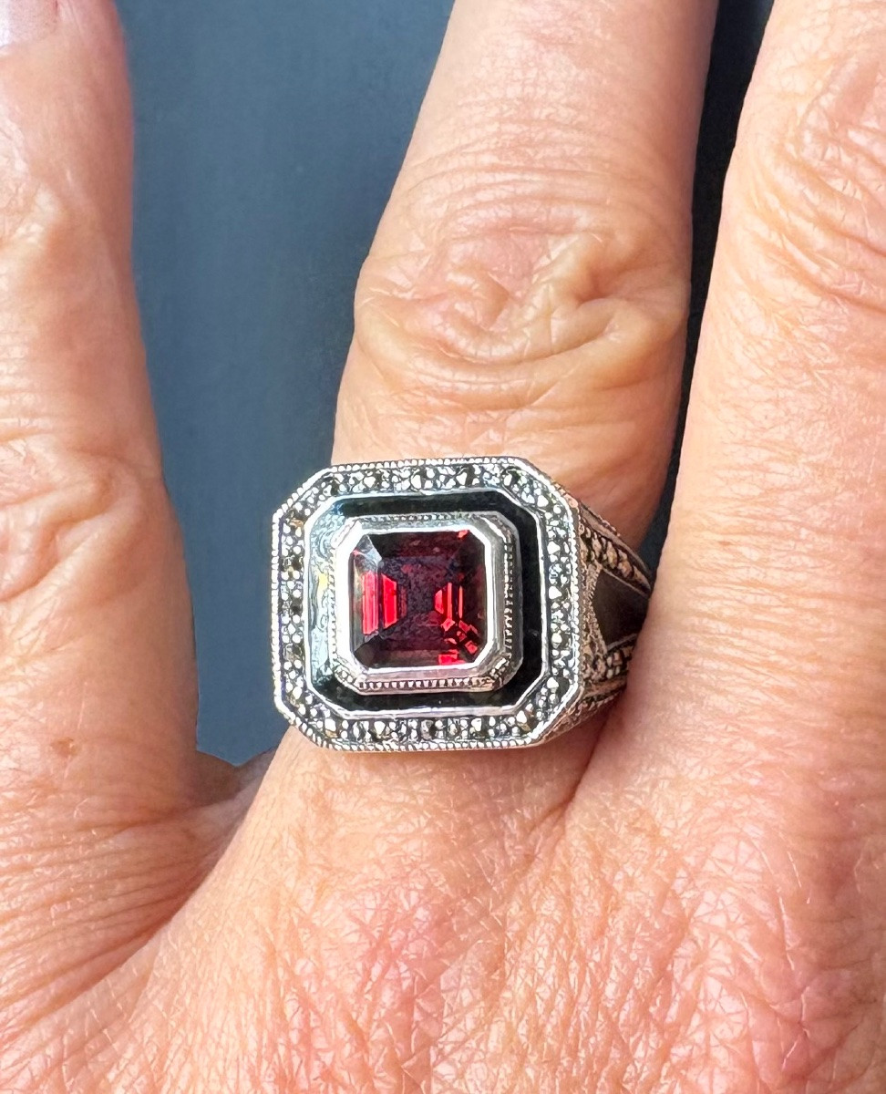 Bague argent grenat email et marcassites-photo-1
