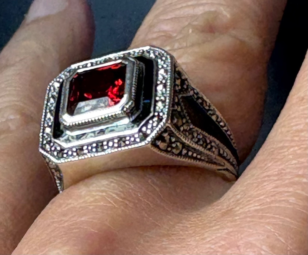 Bague argent grenat email et marcassites-photo-4
