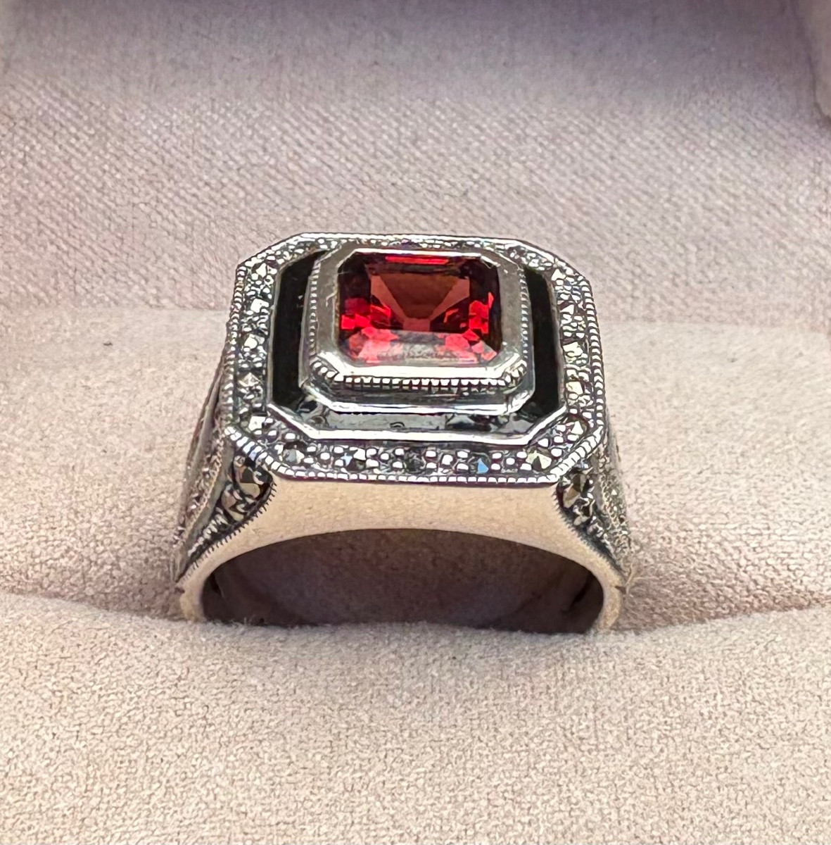 Bague argent grenat email et marcassites-photo-5
