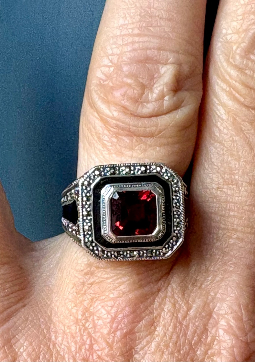 Bague argent grenat email et marcassites-photo-6