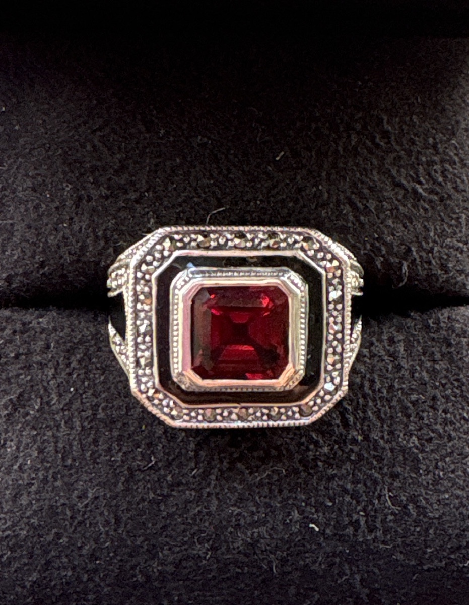 Bague argent grenat email et marcassites